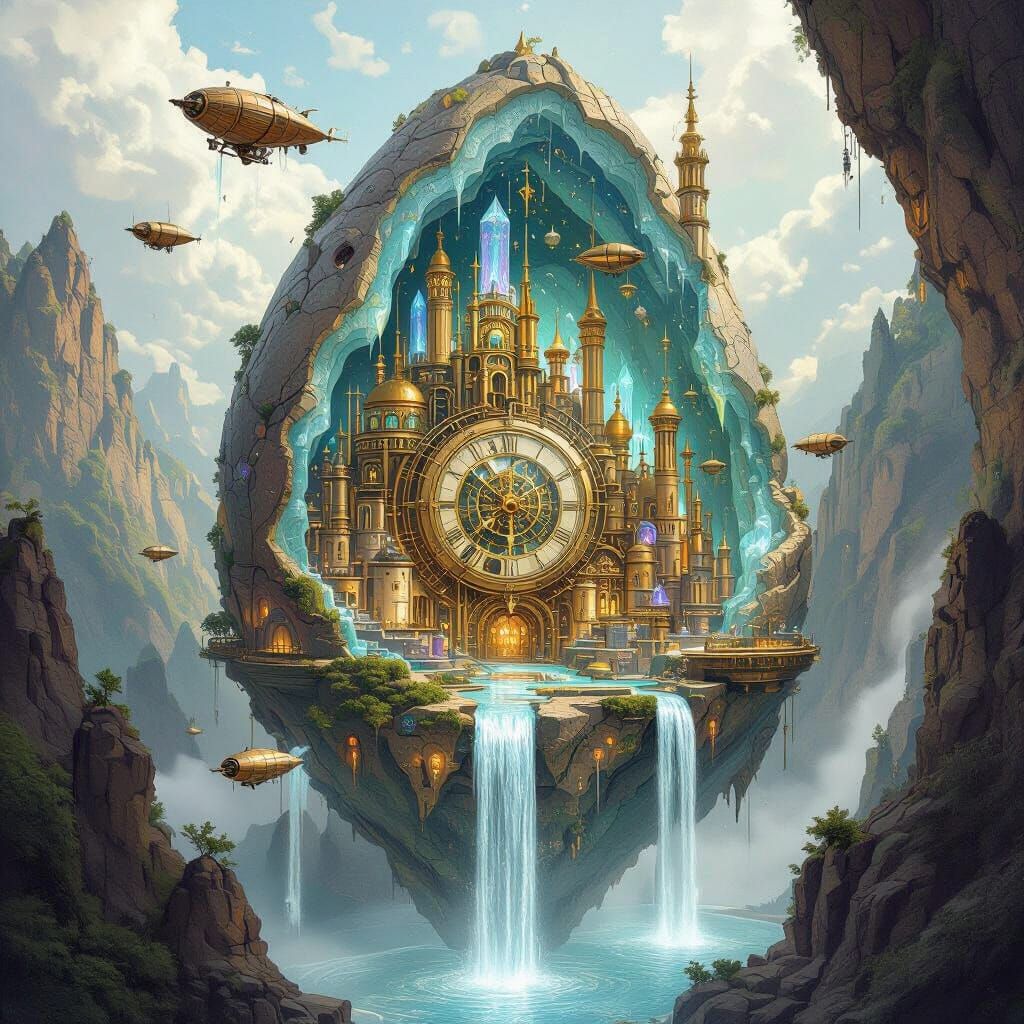 Clockwork Geode City with Airships and Crystal Waterfalls
