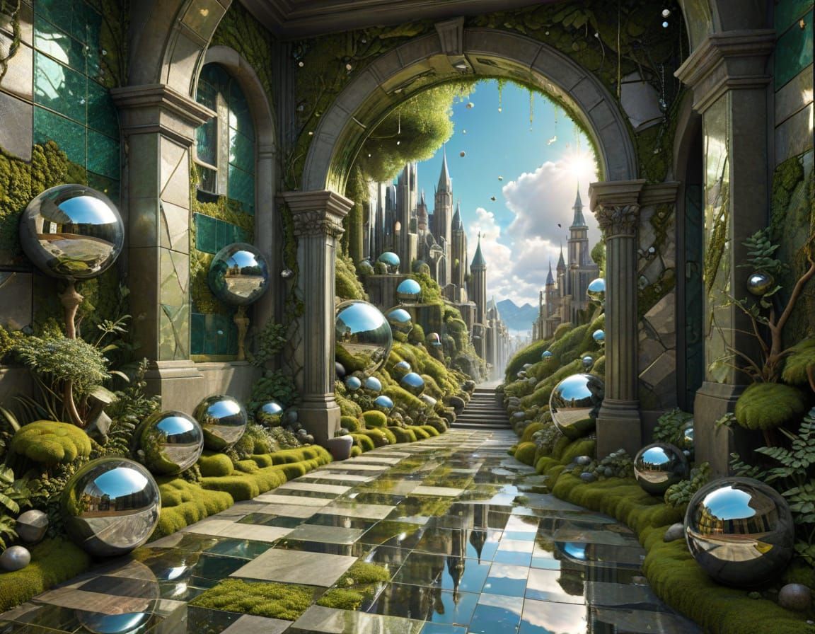 Surreal Prismatic World with Chrome Spheres in Vector Art