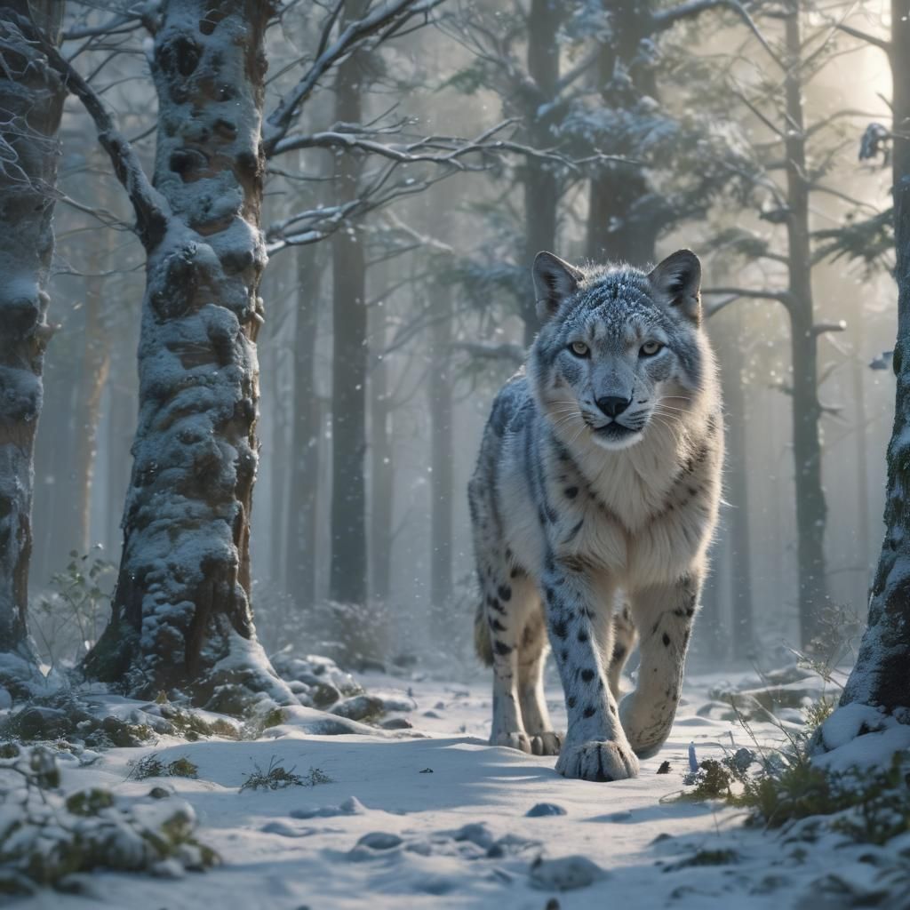 Wolf-Leopard Hybrid in Snowy Forest Matte Painting