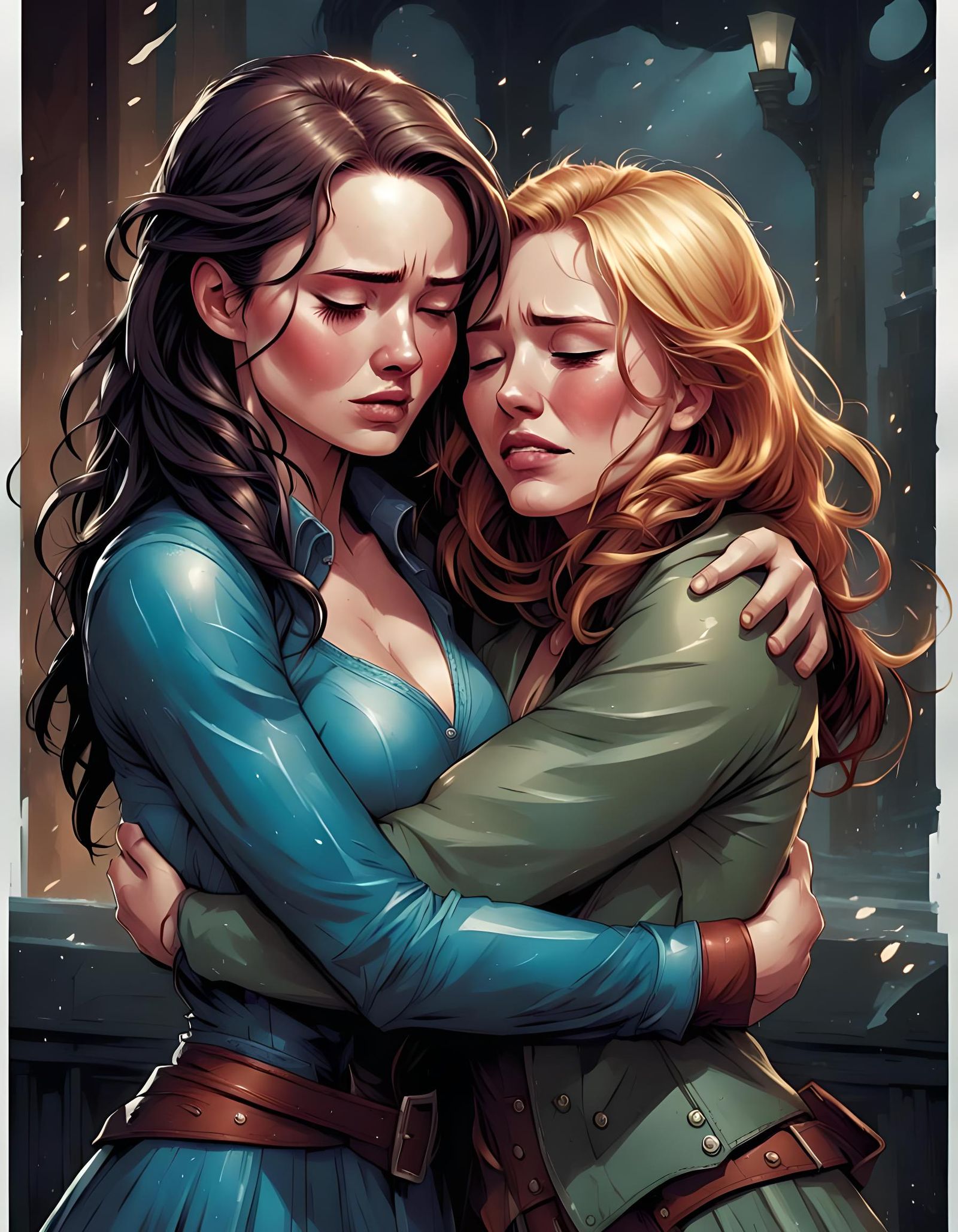 Two Women Crying in a Comic Book Art Style