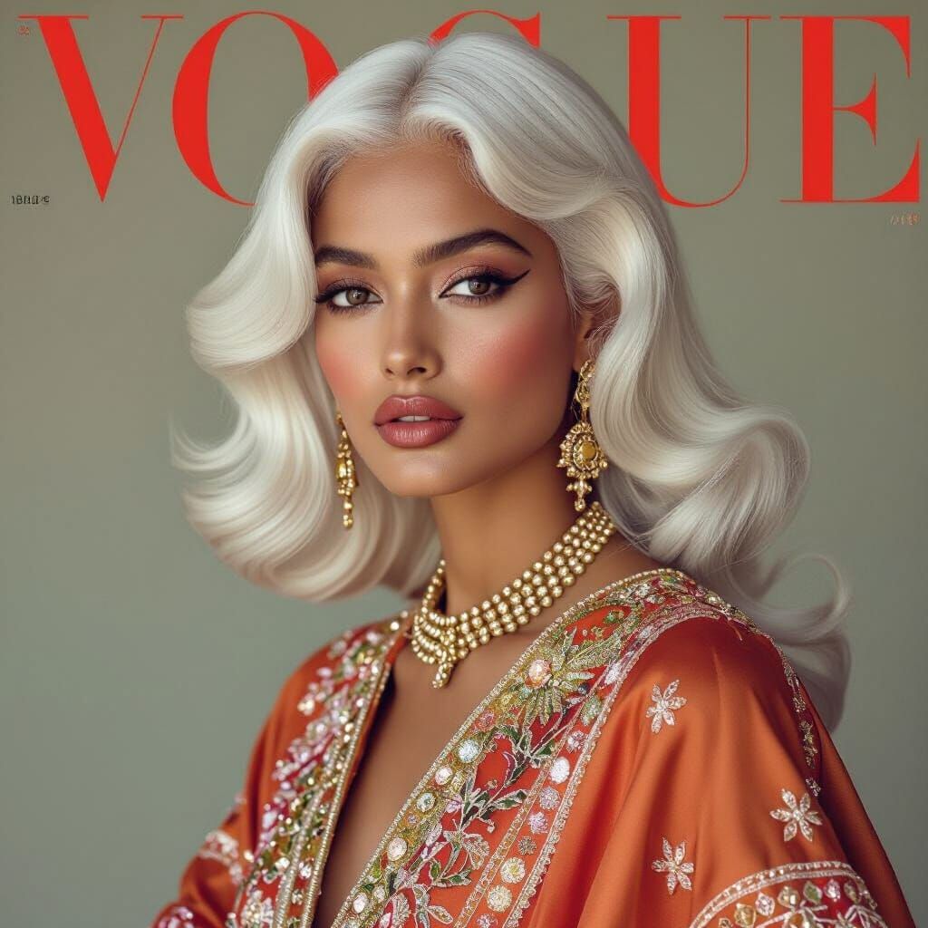 1960s Vogue Cover: Chic Indian-French Model with White Hair