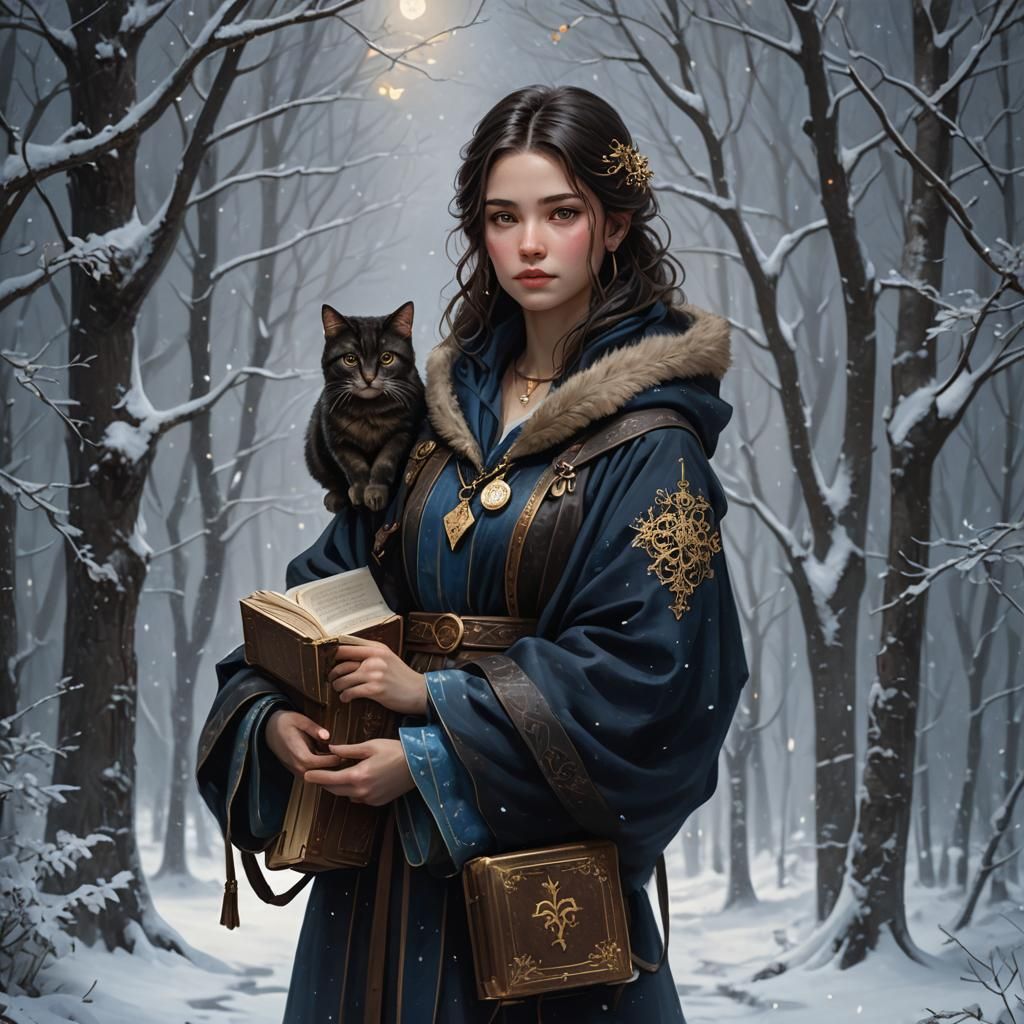 Girl in Snowy Forest with Cat: Dark Fantasy Art