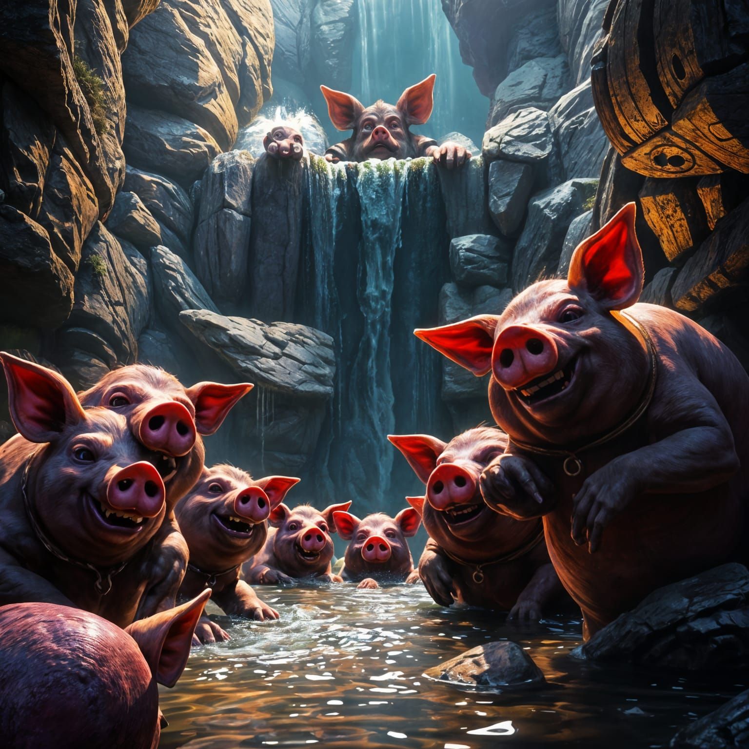 Happy Pigs Bathe in Waterfall, Dark Fantasy Art