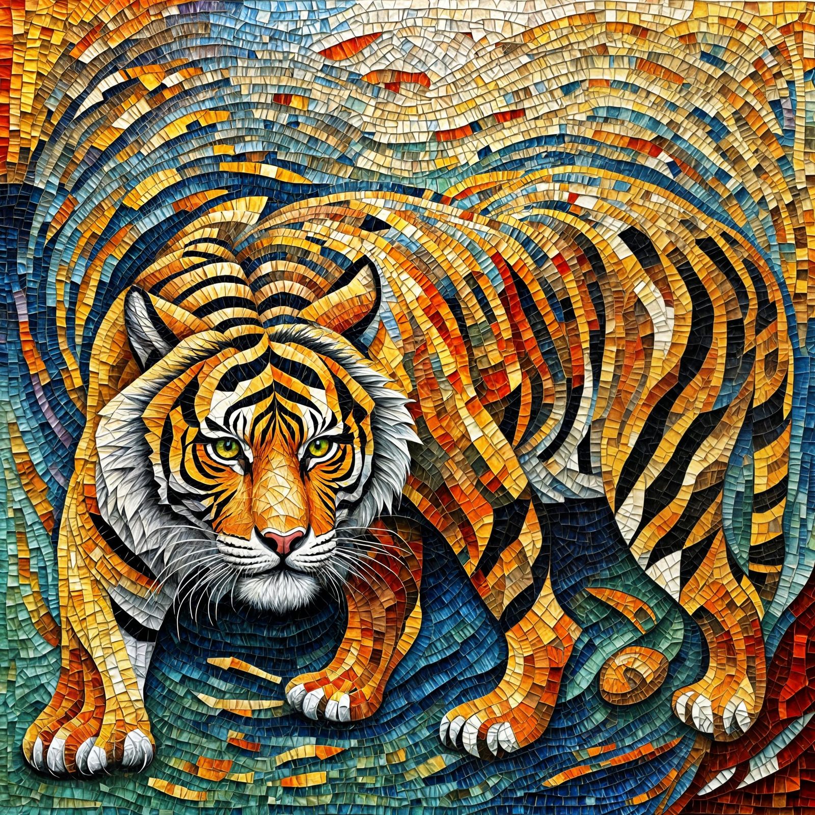 Vibrant Abstract Mosaic Tiger Angels in Neo-Impressionist St...