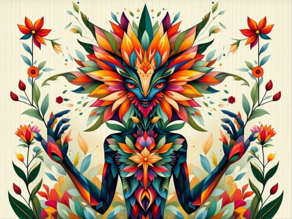 Mystical Creature Portrait in Geometric Floral Style