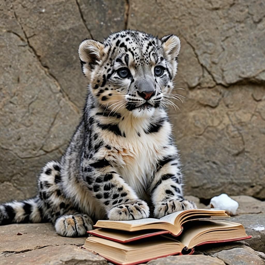 Baby Snow Leopard Reading a Book
