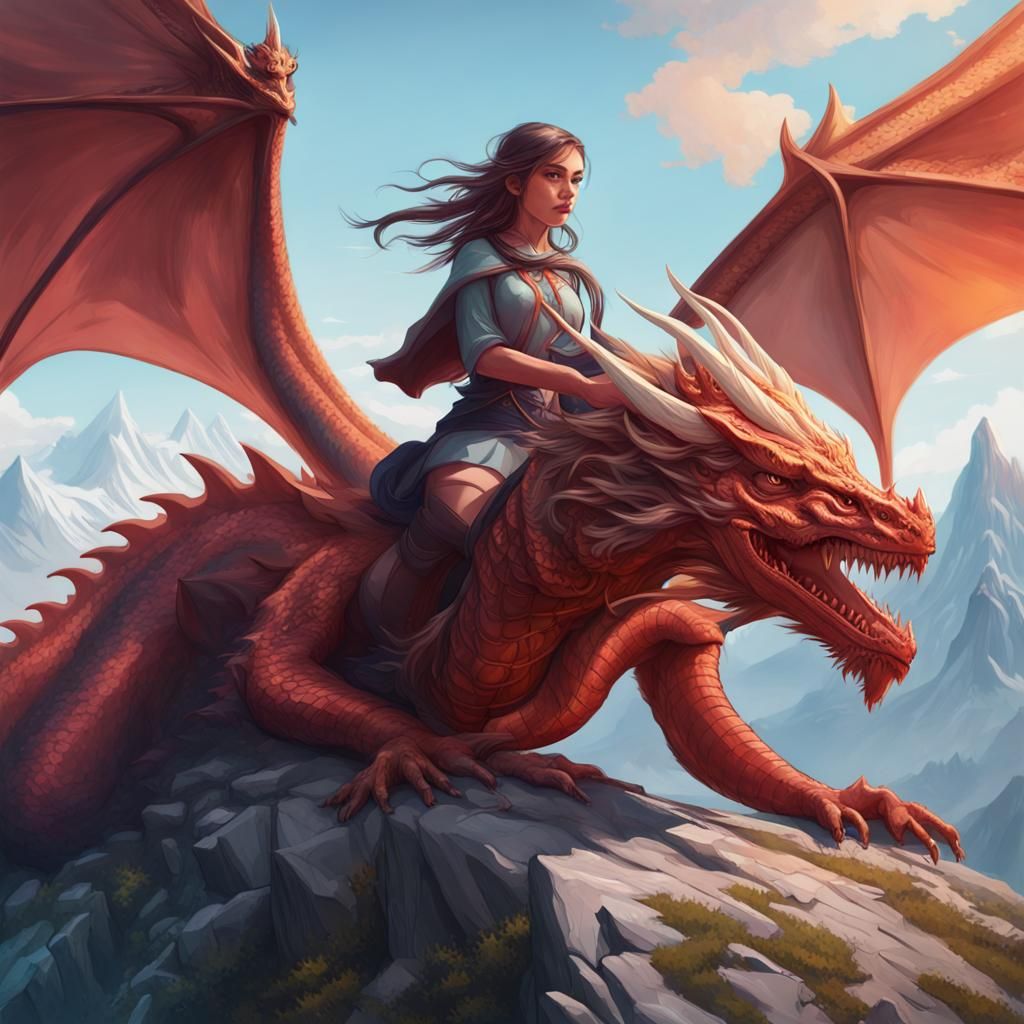 Girl and Dragon Soaring Over Mountains