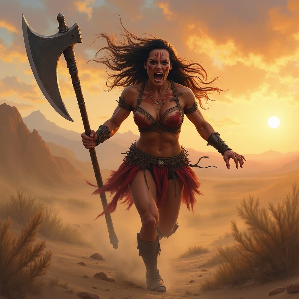 Fierce Barbarian Woman's Triumphant Charge at Sunset
