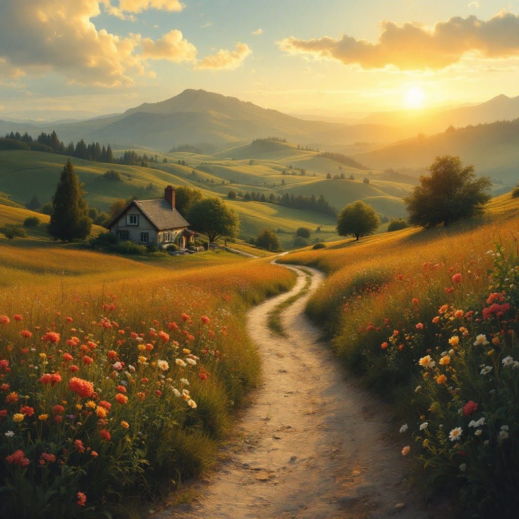 Golden Hour Countryside Cottage in Impressionist Oil Strokes