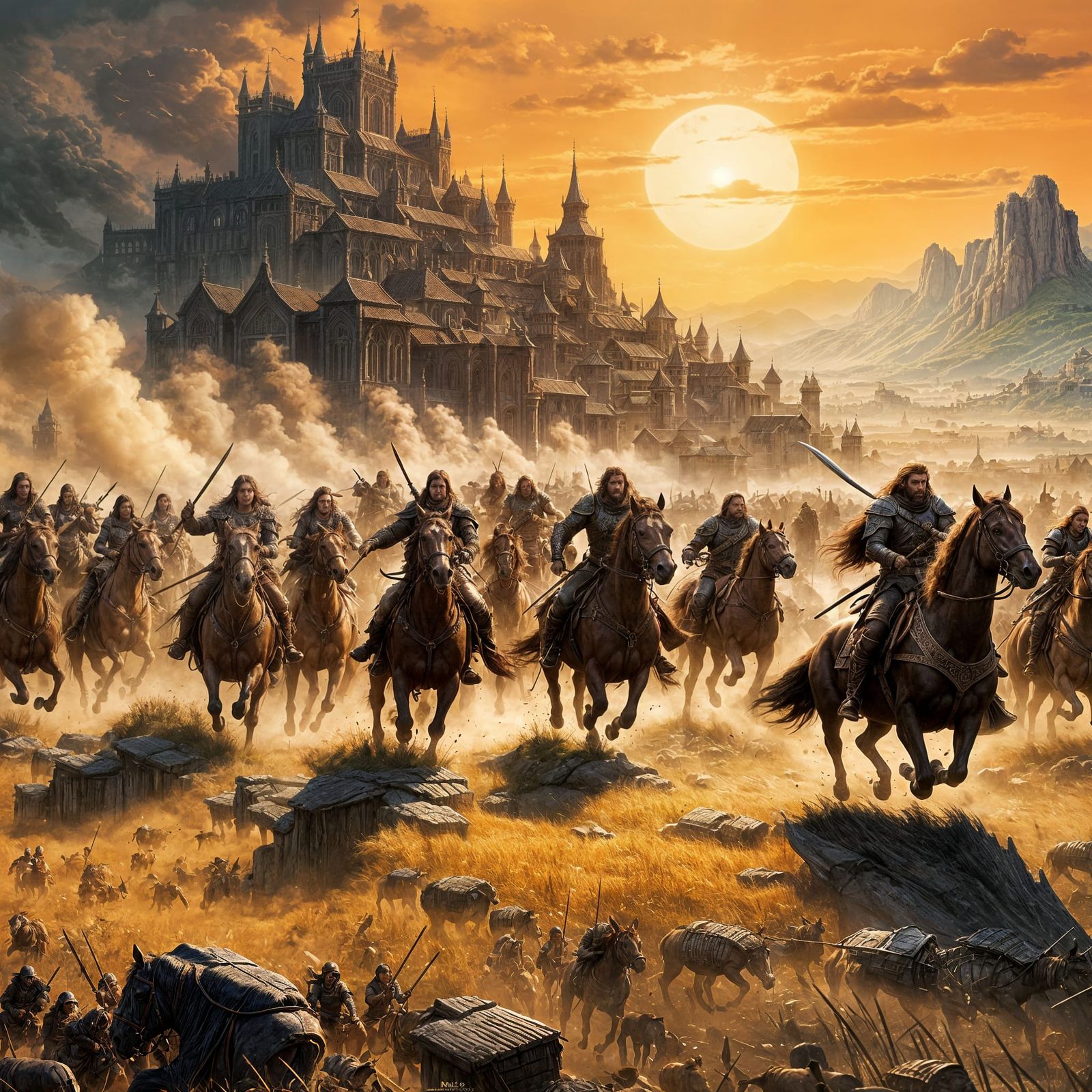 Barbarian Horde Gallops Across Dawn-Lit Landscape in Fantasy...
