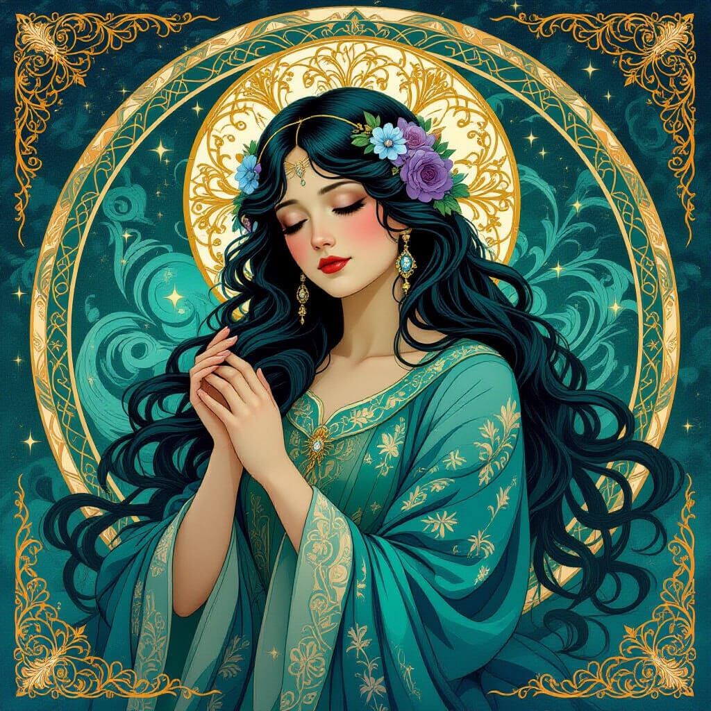 Dreamer with Floral Halo in Art Nouveau Style