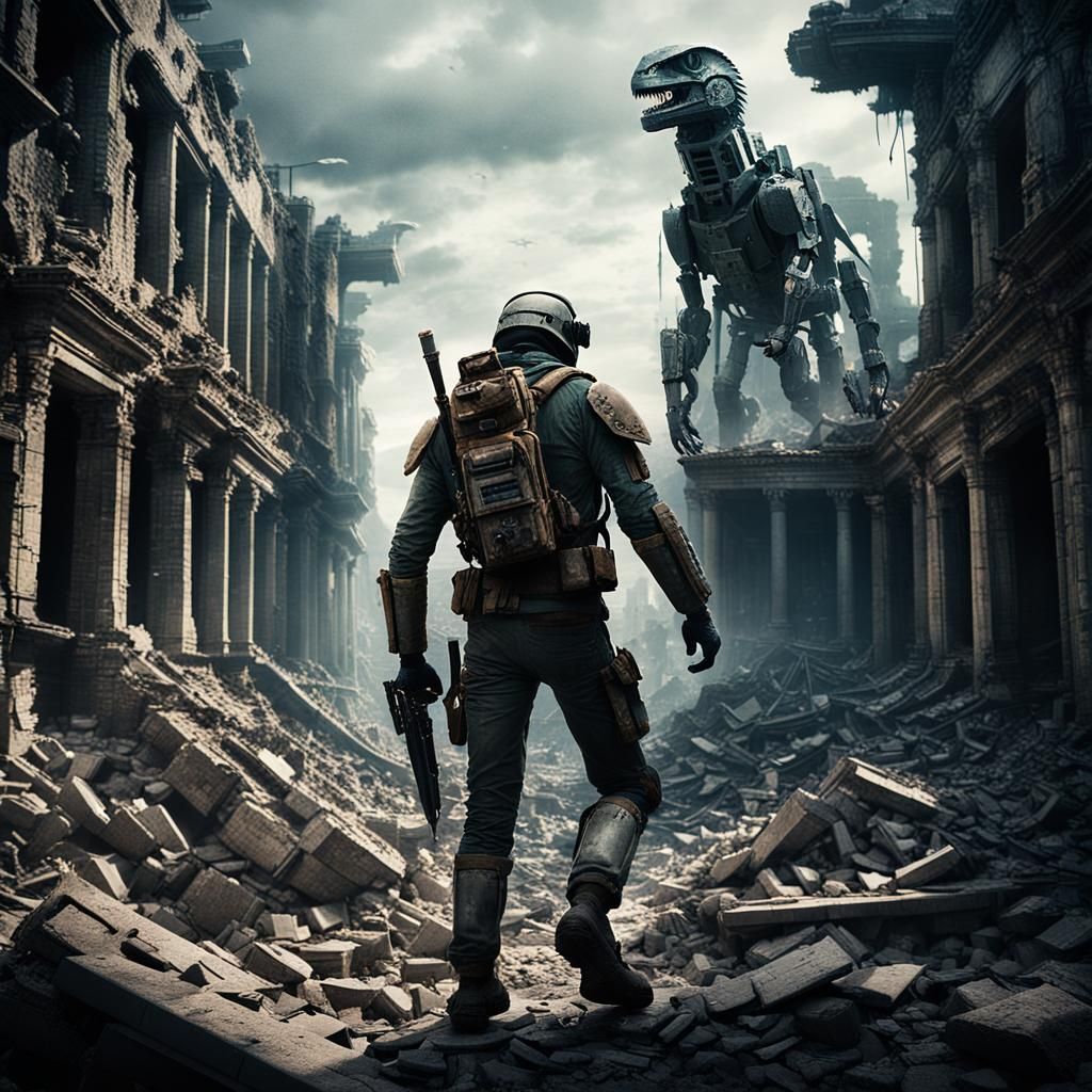 Post-Apocalyptic Survivor in Ruined Cityscape