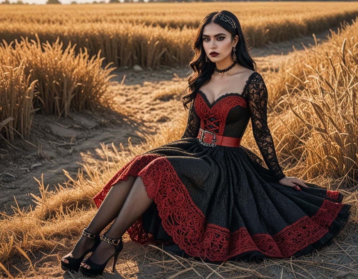 Mexican Woman in Gothic Dress in Golden Sunlight