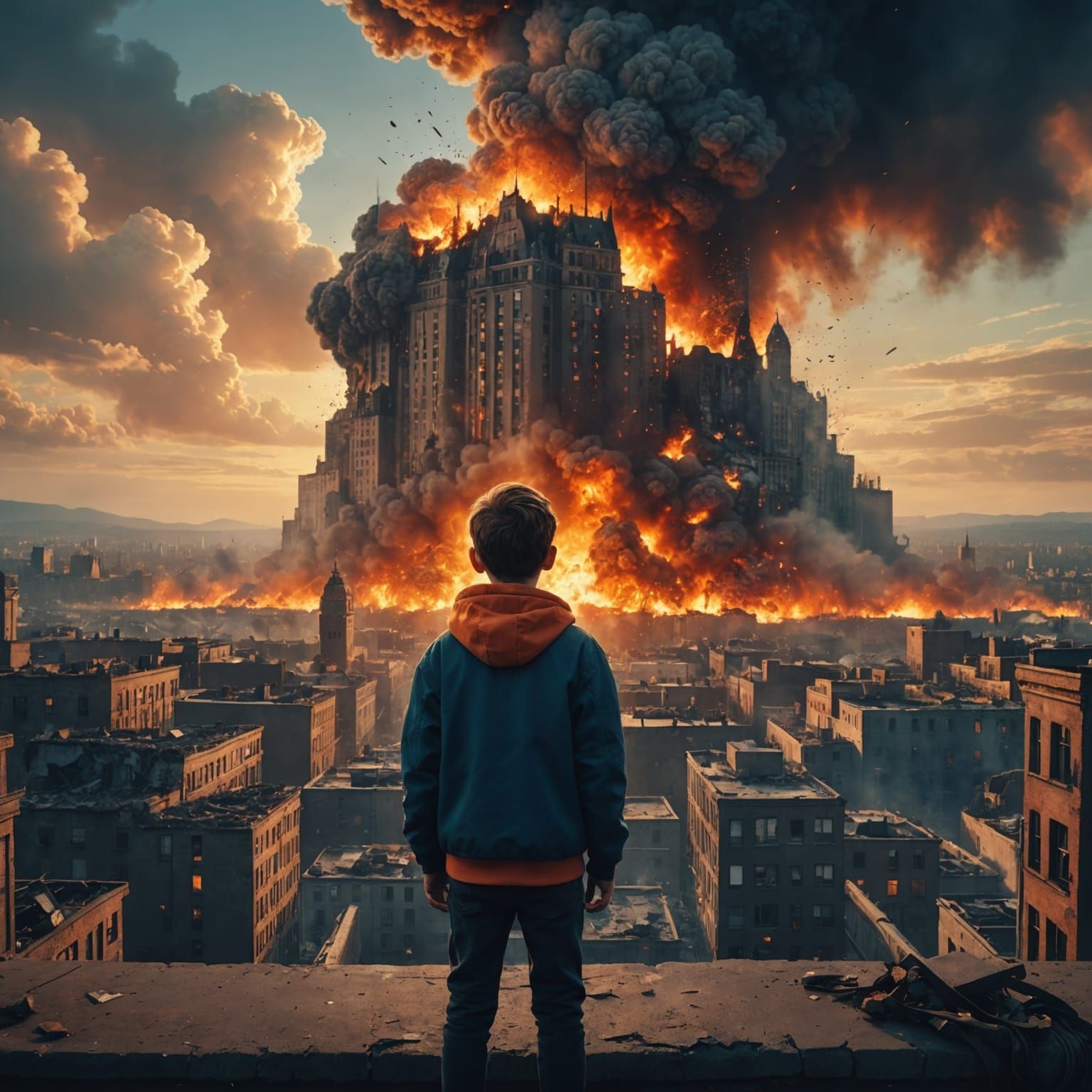 Boy Watches City Explode: Dramatic Digital Painting