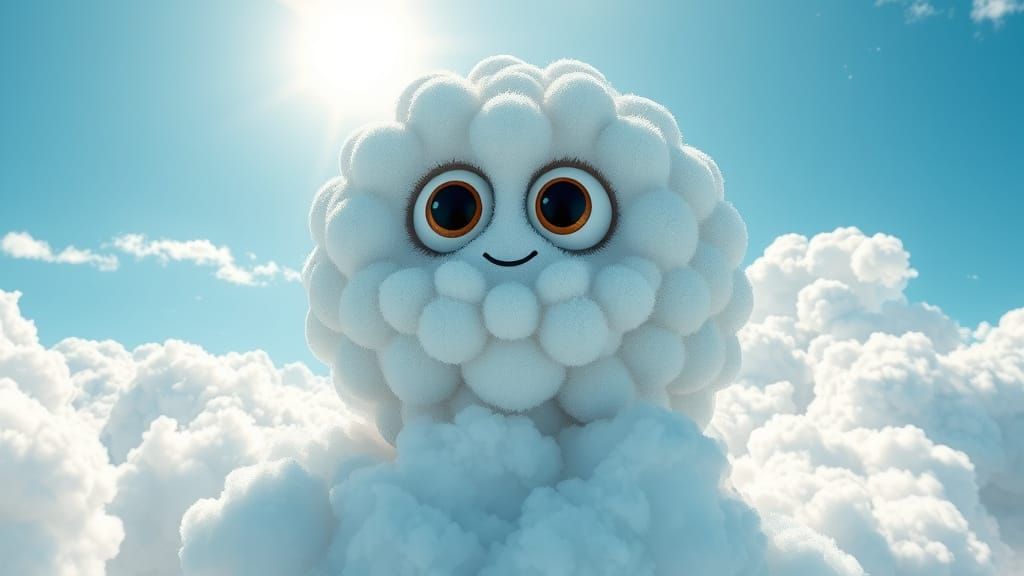 Whimsical Fluffy Character Floating in Sunny Sky