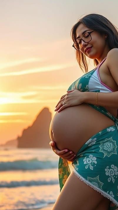 Happy Pregnant Girls in Bikinis on Tanah Lot Beach