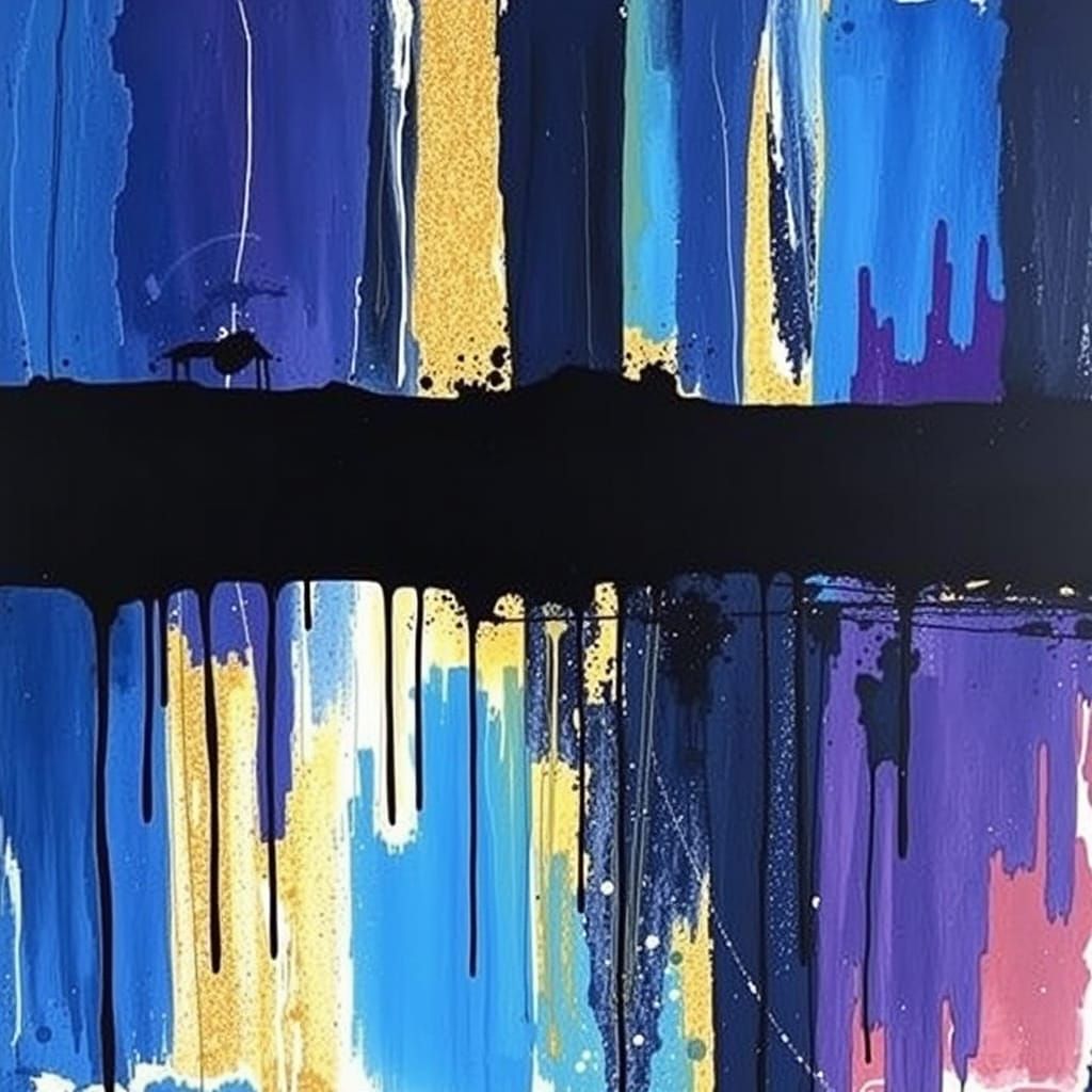 Abstract Cityscape with Drips in Blue, Gold, and Purple
