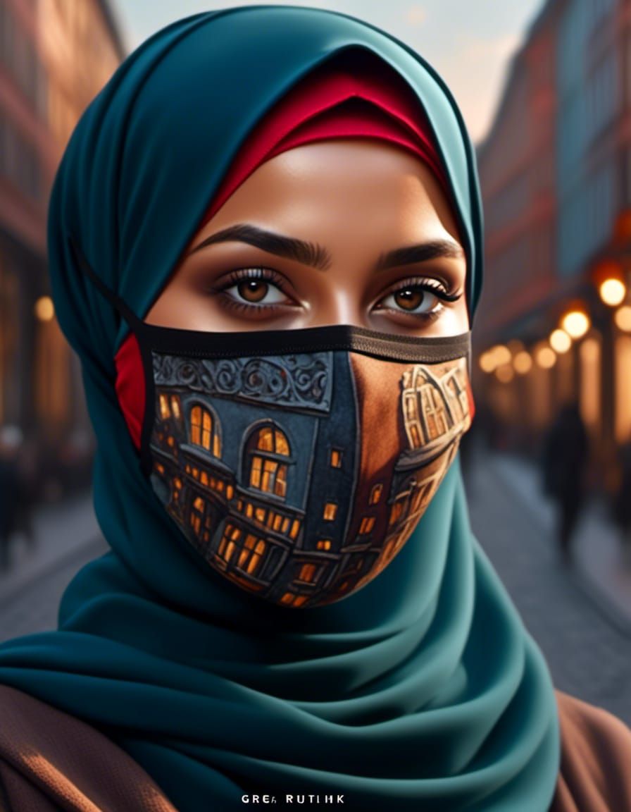 Young Hijabi Woman with Mask in Oil Painting Style