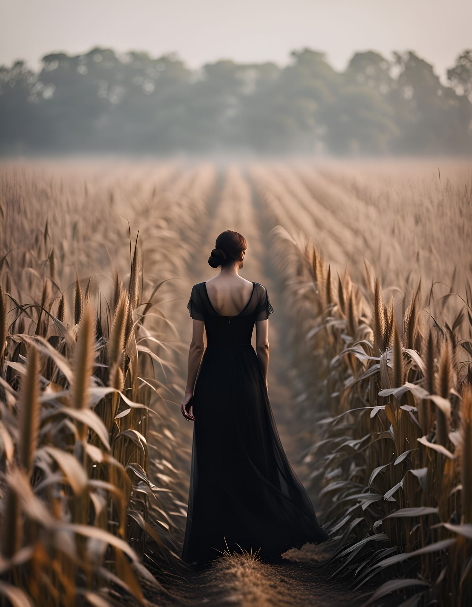 Lonely Girl in Foggy Cornfield: Cinematic Photography