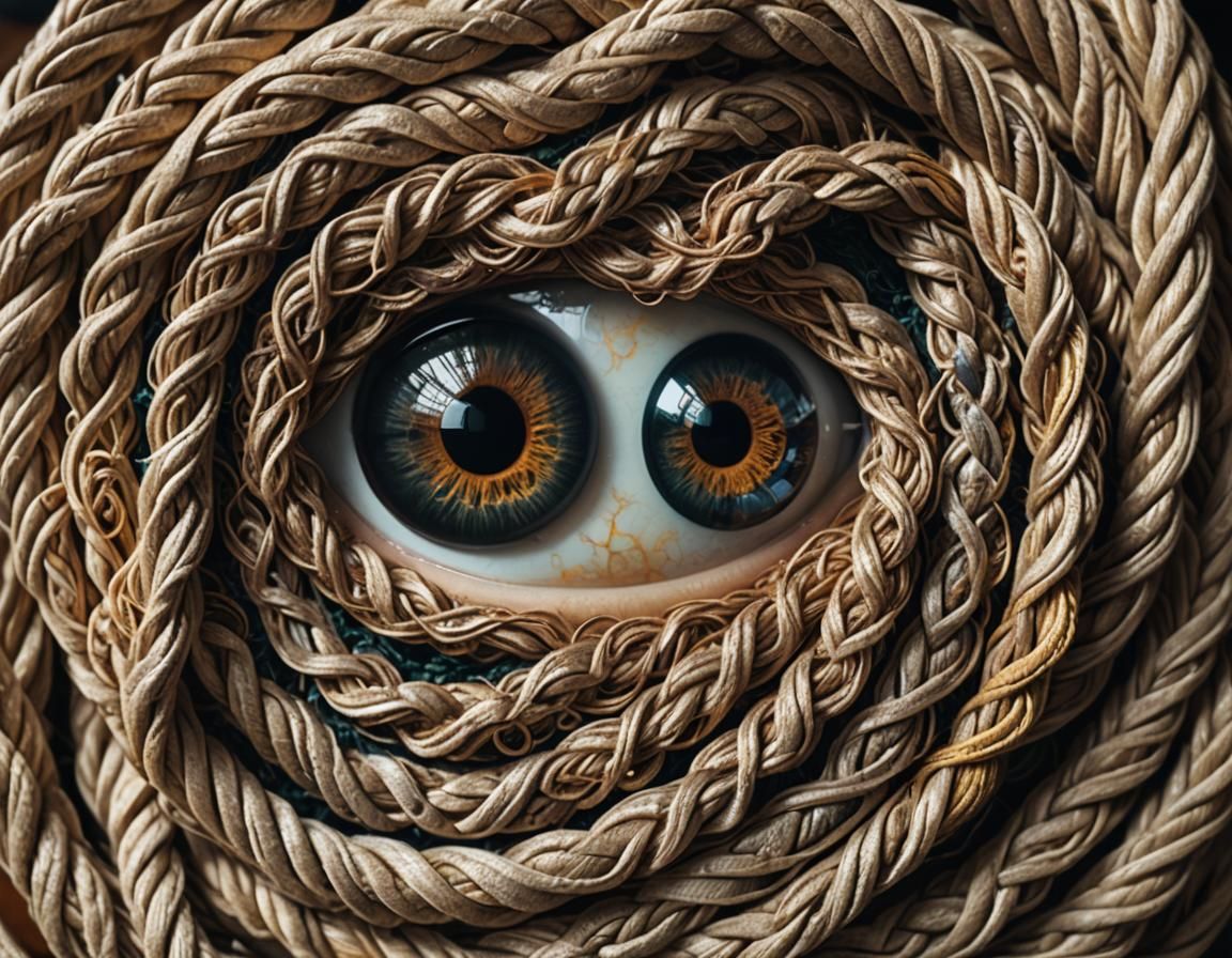 Surreal Eye-Knot Rope in Cafe: Hyperrealistic 3D Art