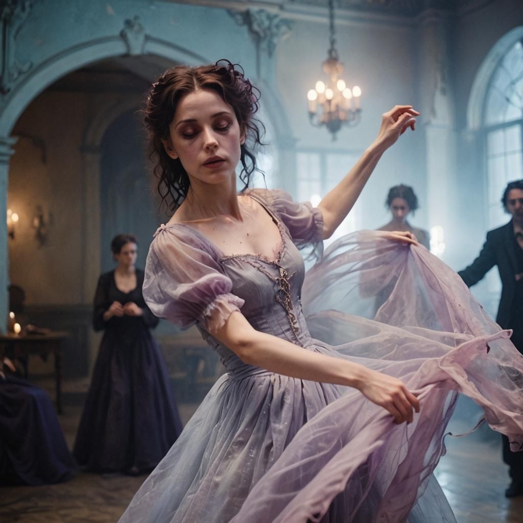 Ethereal Dance in Abandoned Ballroom, Tim Burton Style