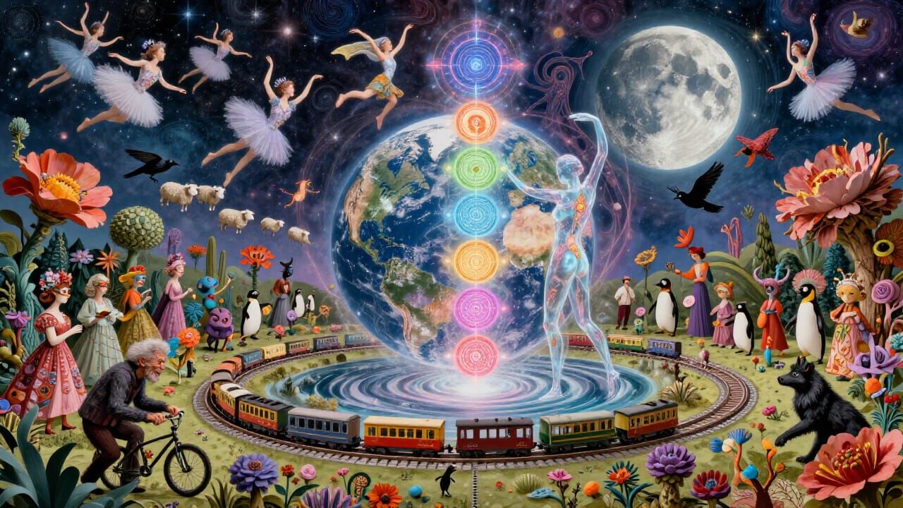 Chakra Energy Wheels Above Earth and Moon in Ethereal Style