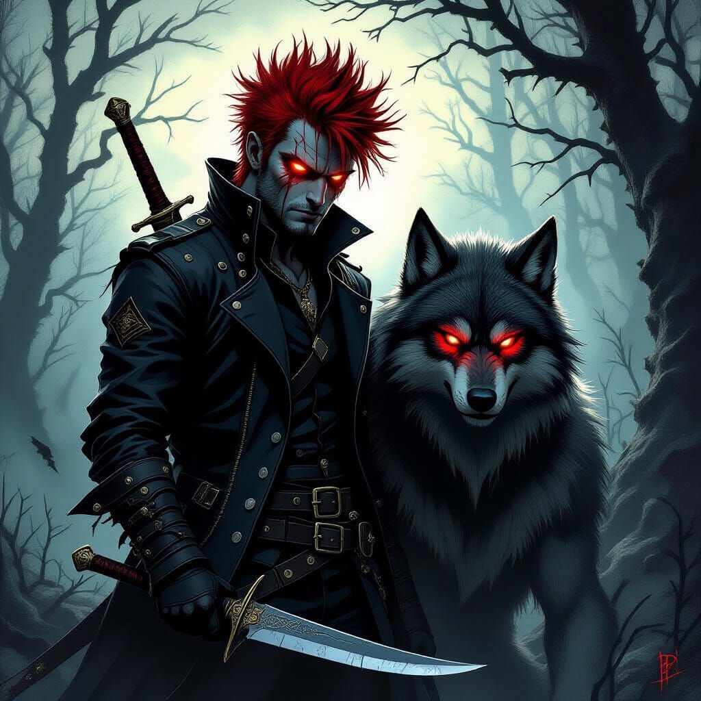 Spiky Red-Haired Man with Glowing Eyes and Werewolf Friend
