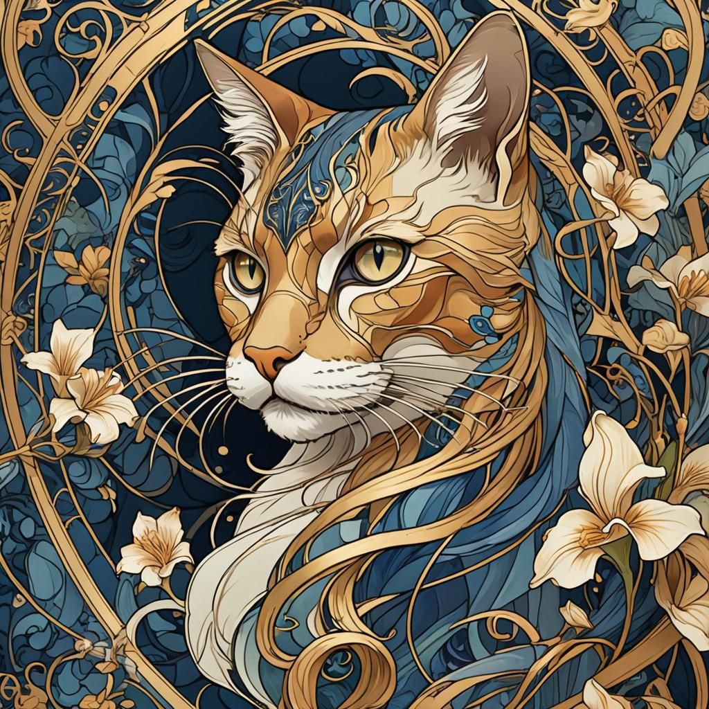 Art Nouveau Cat Profile with Floral Details