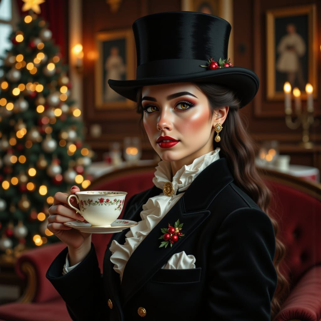 1890s Woman in Suit and Top Hat Holds Teacup