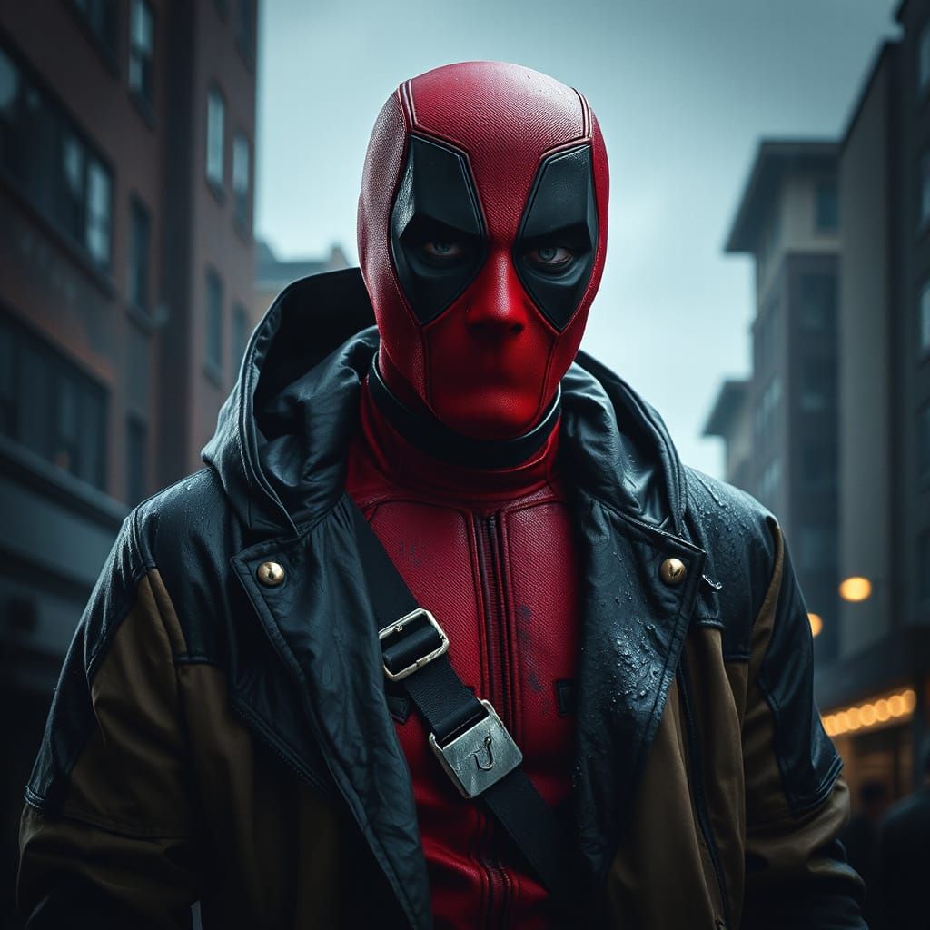 Gritty Deadpool in Somber Reflection