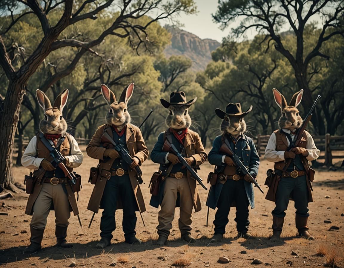 Rabbits as Cowboy Outlaws in a Western Film