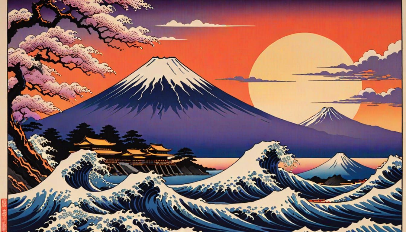 Ukiyo-e Style Sunset Over Mount Fuji with Crashing Waves