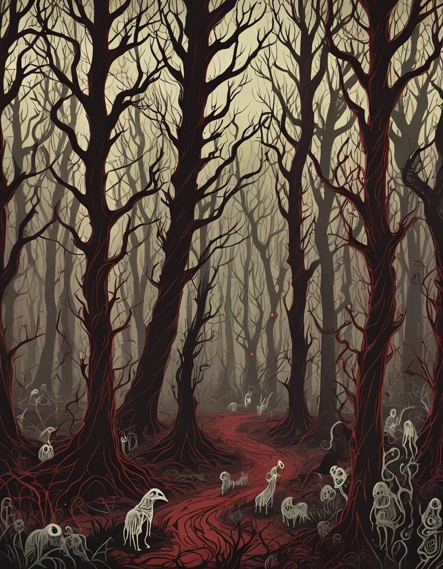 Creepy Forest with Glowing Scribbles in Mortensen Style