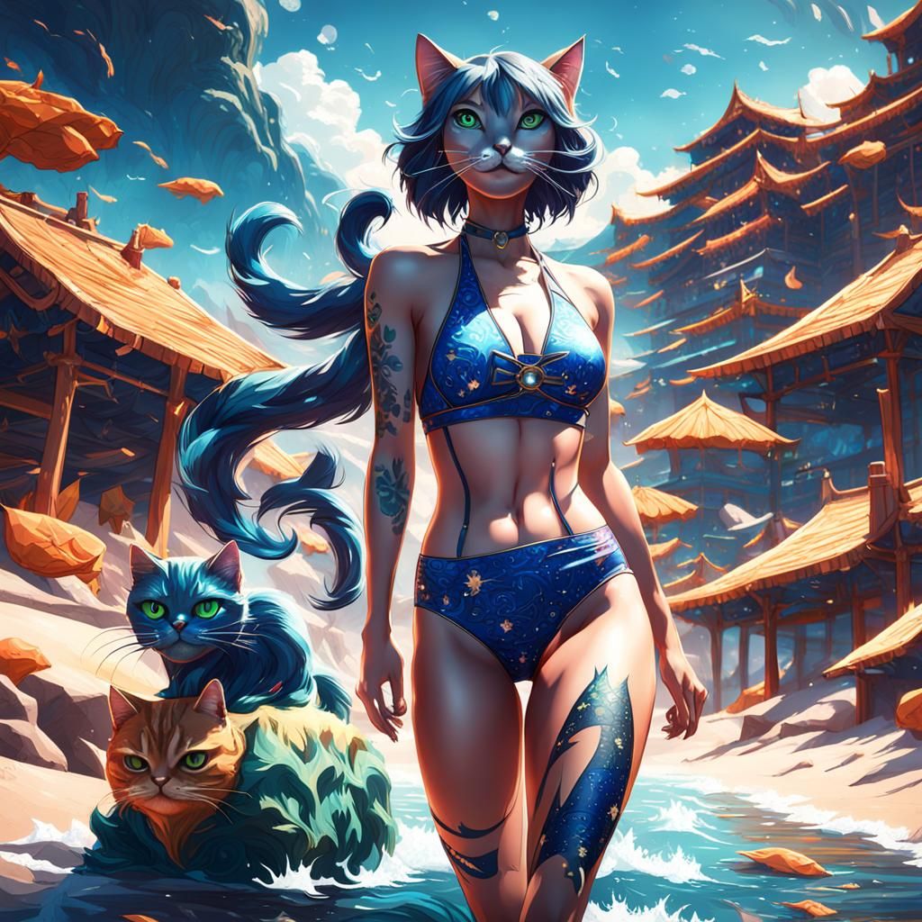 Cat Girl on Beach: Detailed Matte Painting