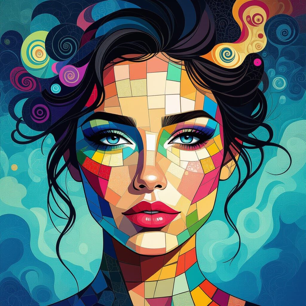Woman's Face with Mosaic Cheeks, Surreal Abstract Background