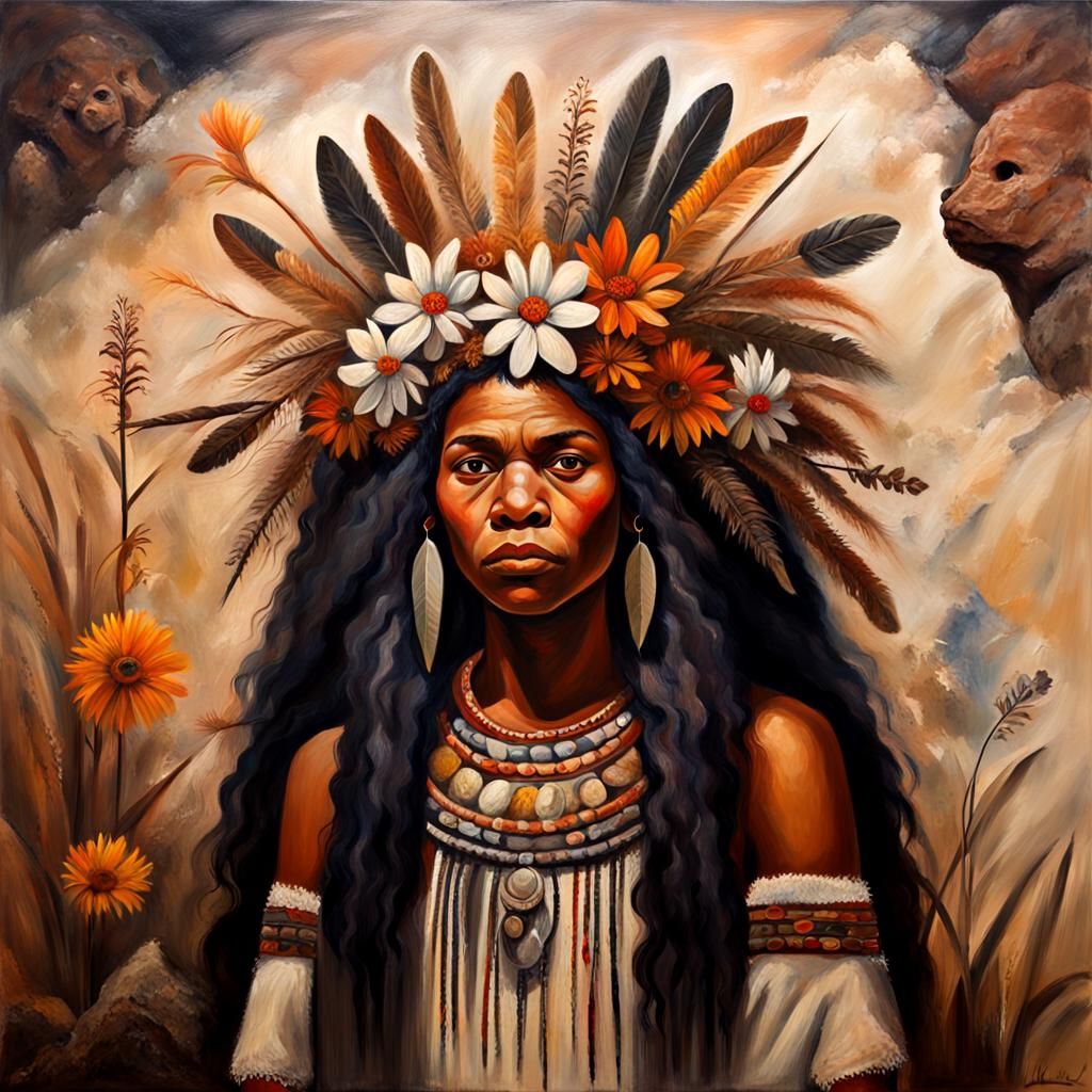 Neanderthal Woman with Flower Crown Oil Painting