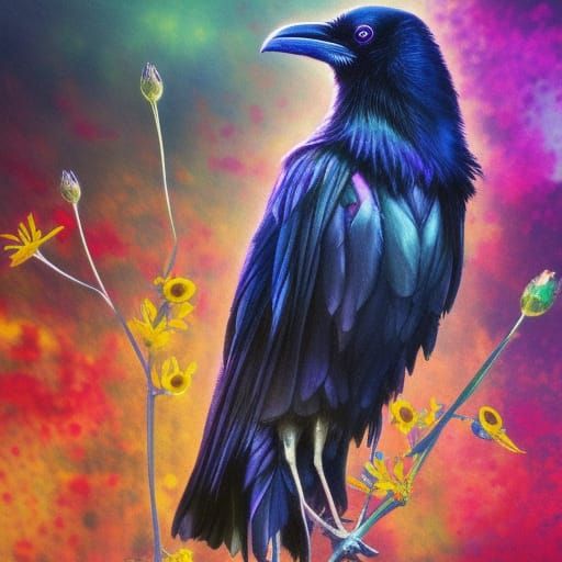 Hyperrealistic Raven Among Fall Flowers