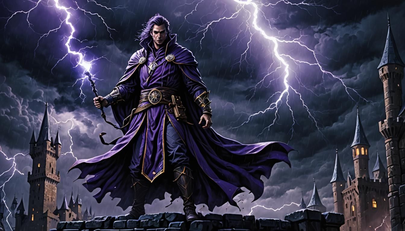 Warlock on Castle Walls with Glowing Staff