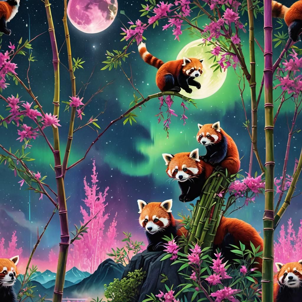 Red Pandas Under Northern Lights in Matte Painting Style
