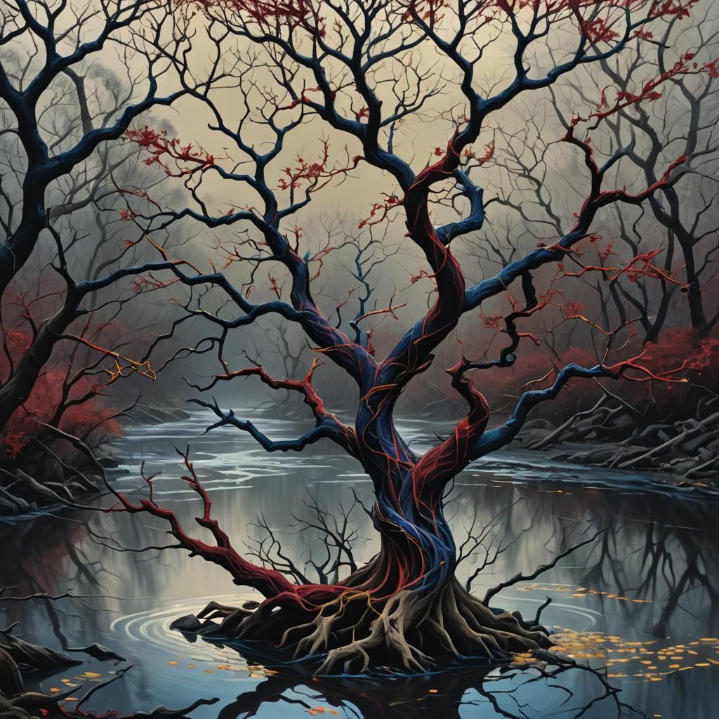 Twisted Tree and Murky River in Wildlife Art Style