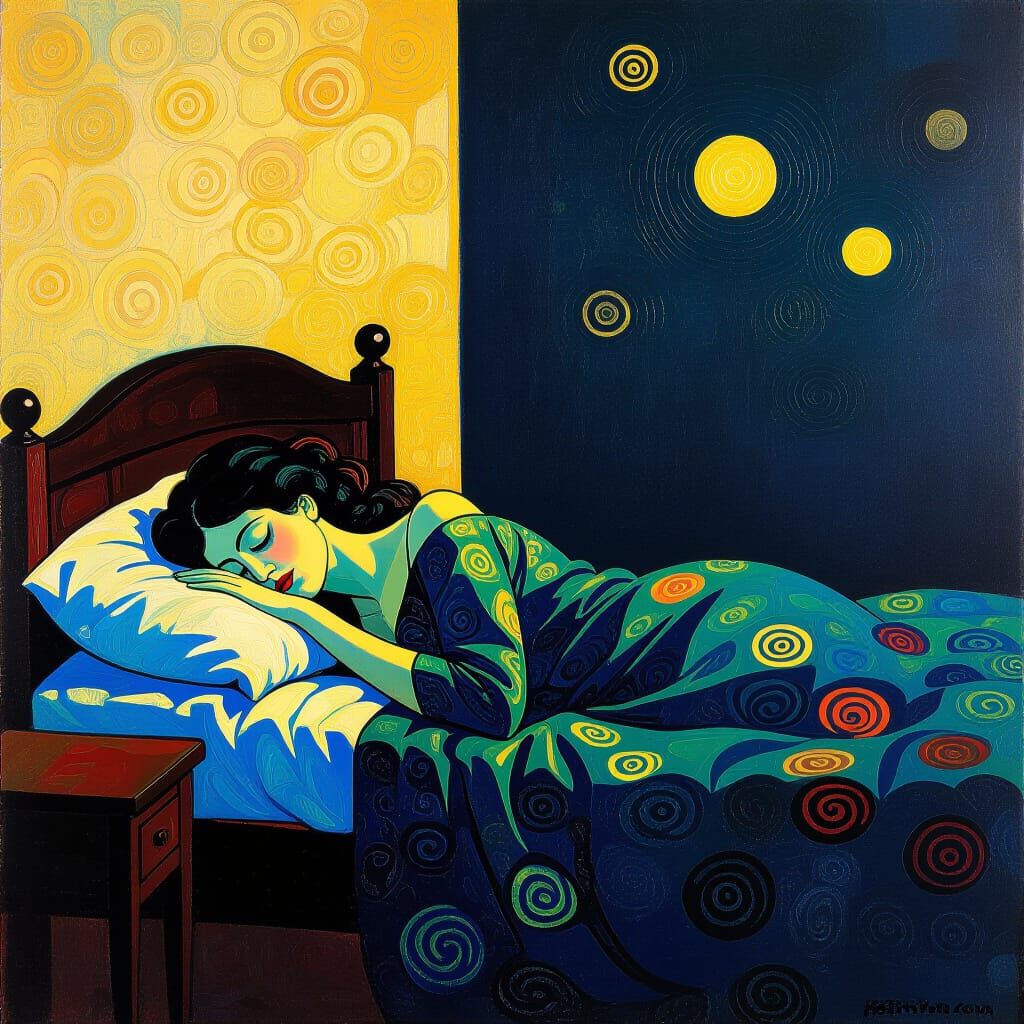 Woman Sleeping: Klimt-Inspired Hyperrealistic Blacklight Art