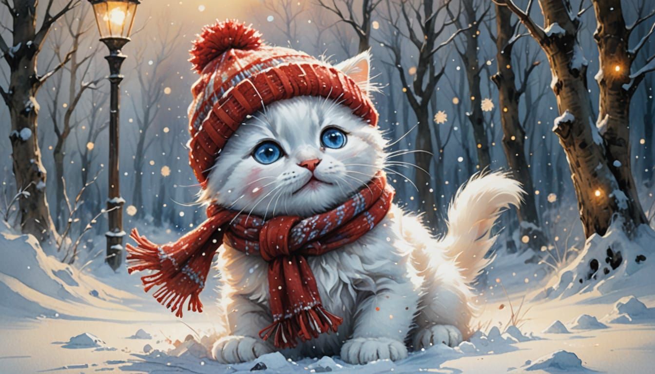 Charming Snowman and Kitten Winter Scene in Watercolour Styl...