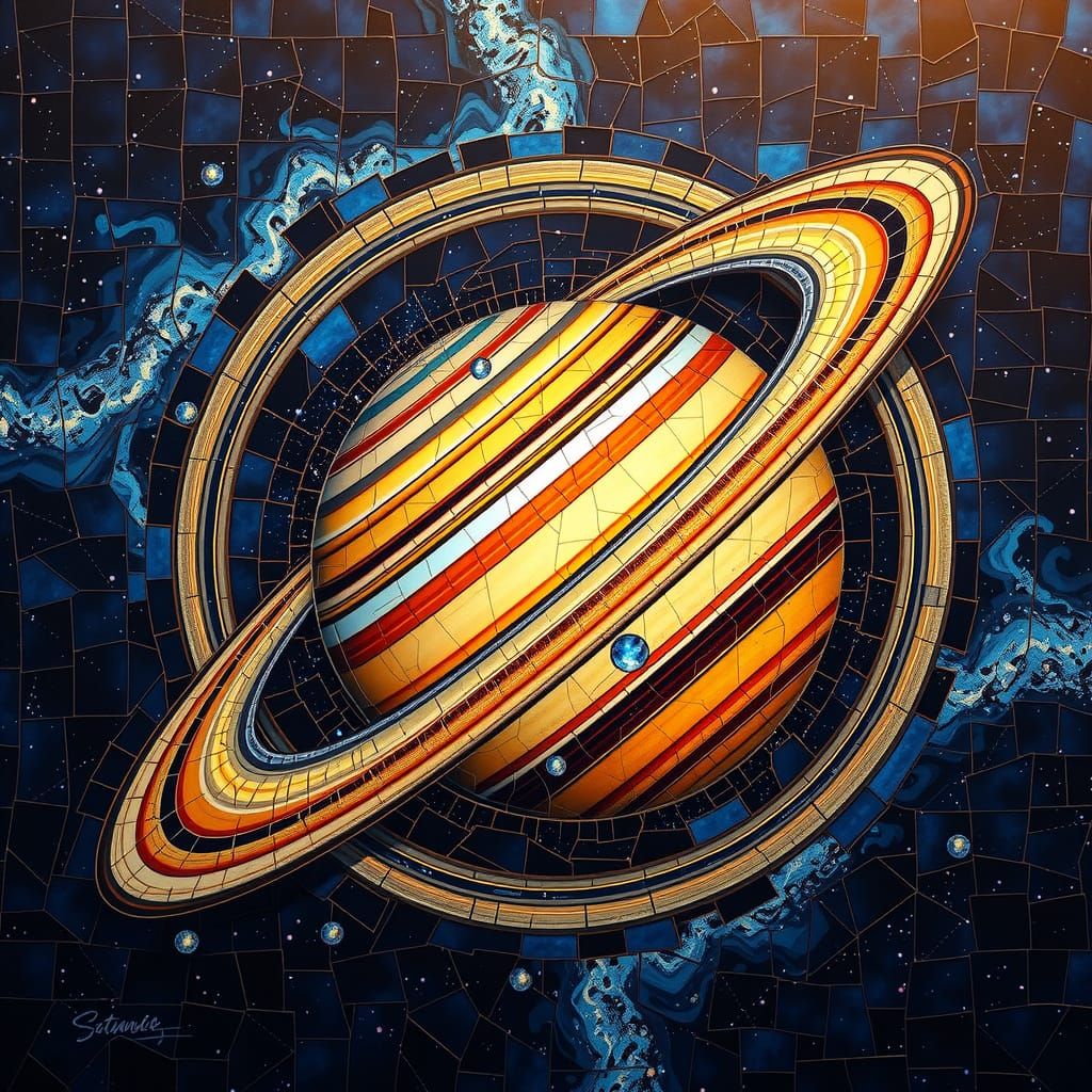 Hyperrealistic Stained Glass Mosaic of Saturn in Outer Space
