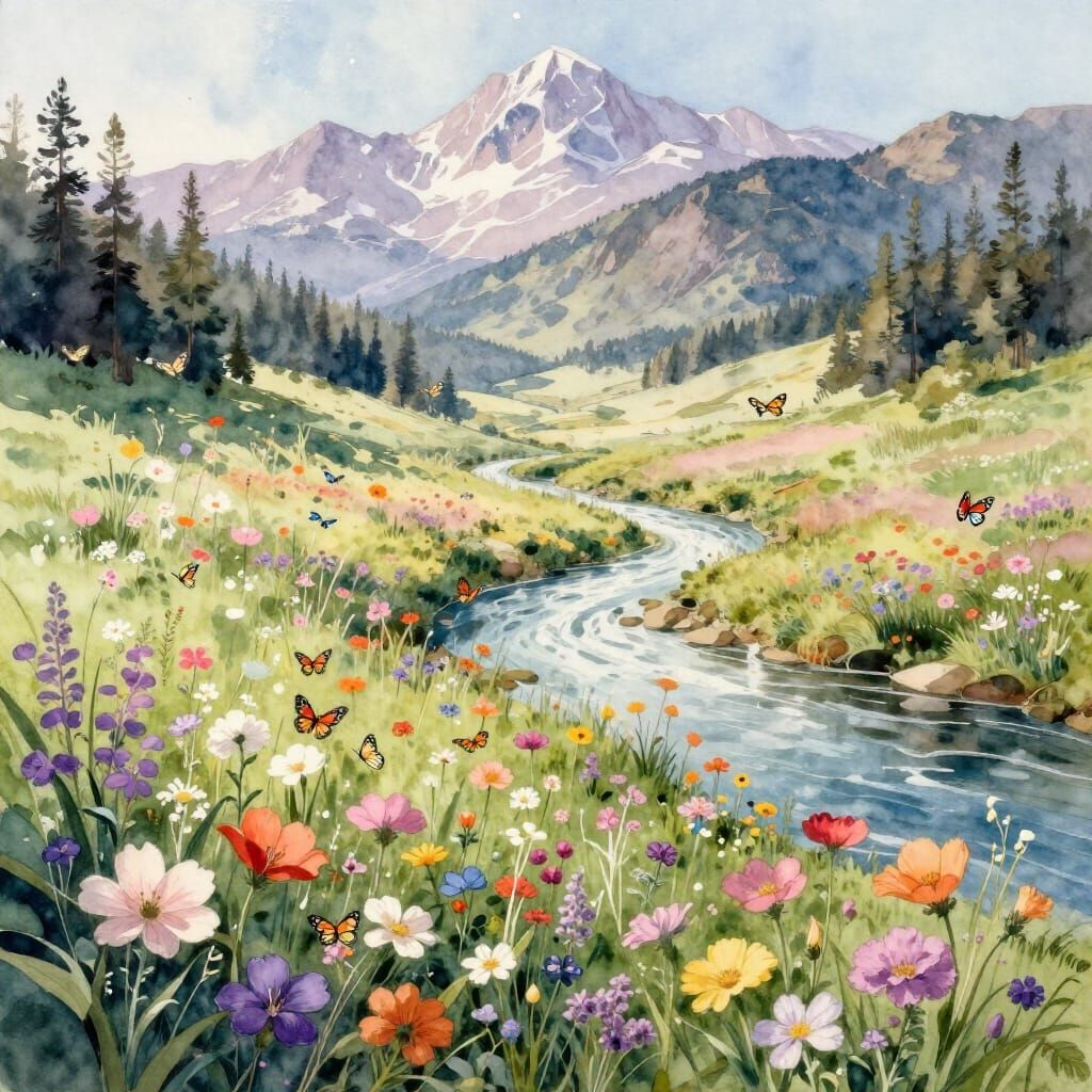 Fantasy Flower Meadow Landscape with River and Butterflies