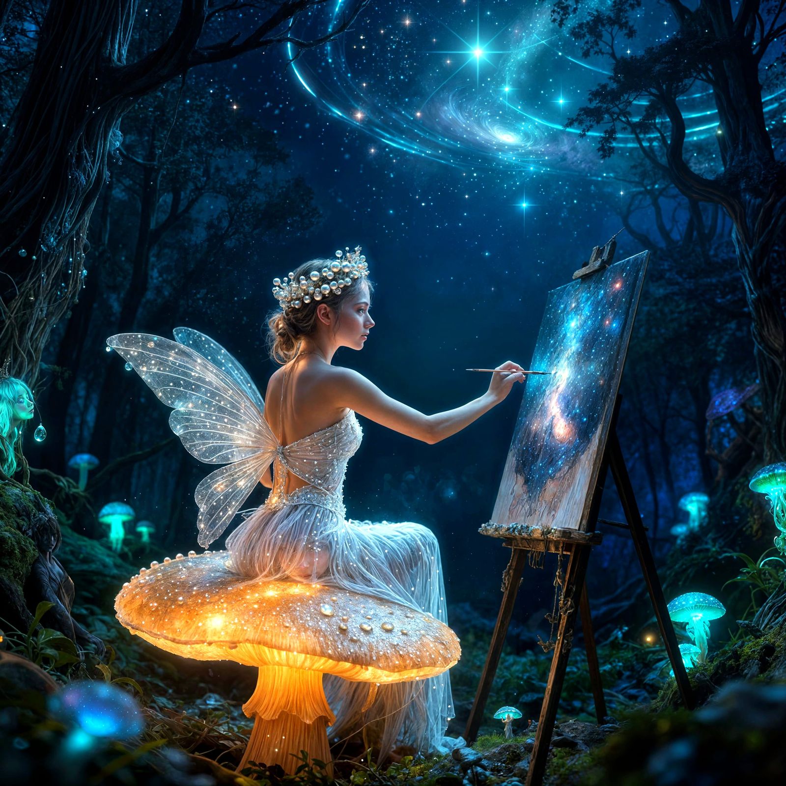 Fairy Artist Paints Galaxy on Luminous Mushroom