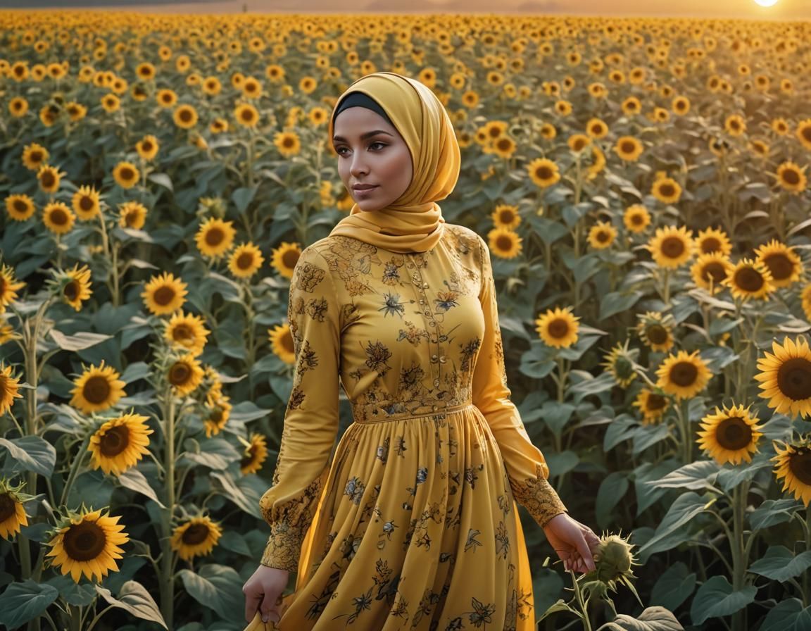 Woman in Hijab in Sunflower Field at Sunset