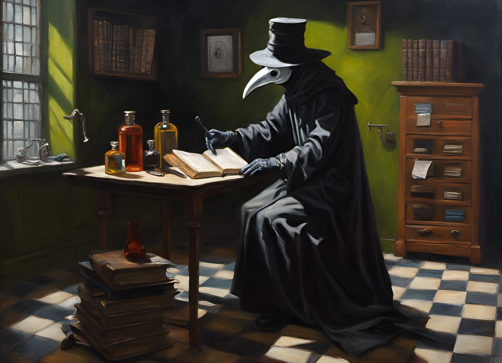 Ominous Plague Doctor in Medical Laboratory