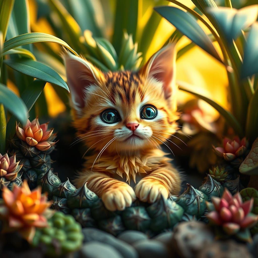 Whimsical CGI Diorama of Baby Pineapple Cat in Tropical Para...