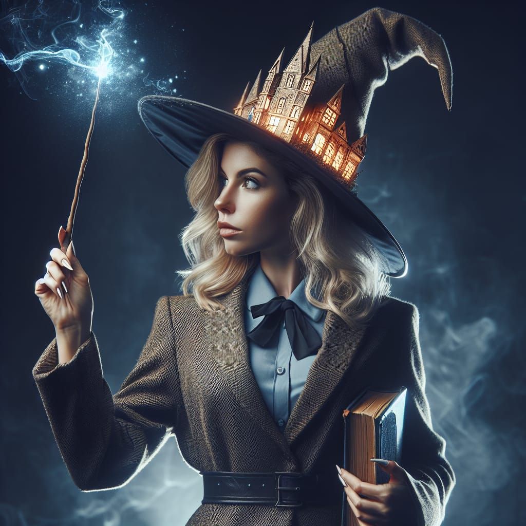 Magical Librarian Witch Casting Cityscape Spell