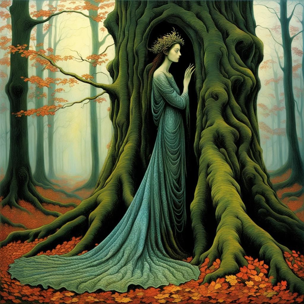 Ethereal Woman Embraces Ancient Tree: Mystical Art